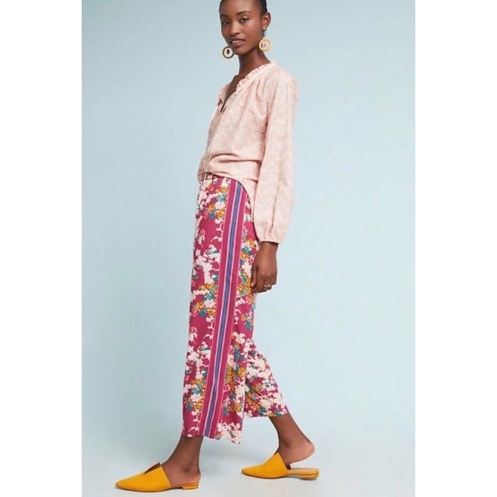 Anthropologie Ett:Twa Floral Stripe Pants Pink Wide Leg Cropped XL Womens Boho - Picture 2 of 6
